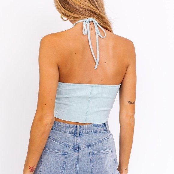 Le Lis Blue Ribbed Halter Crop Top Women’s Small – Y2K Tie Back Summer Tank - Picture 3 of 5